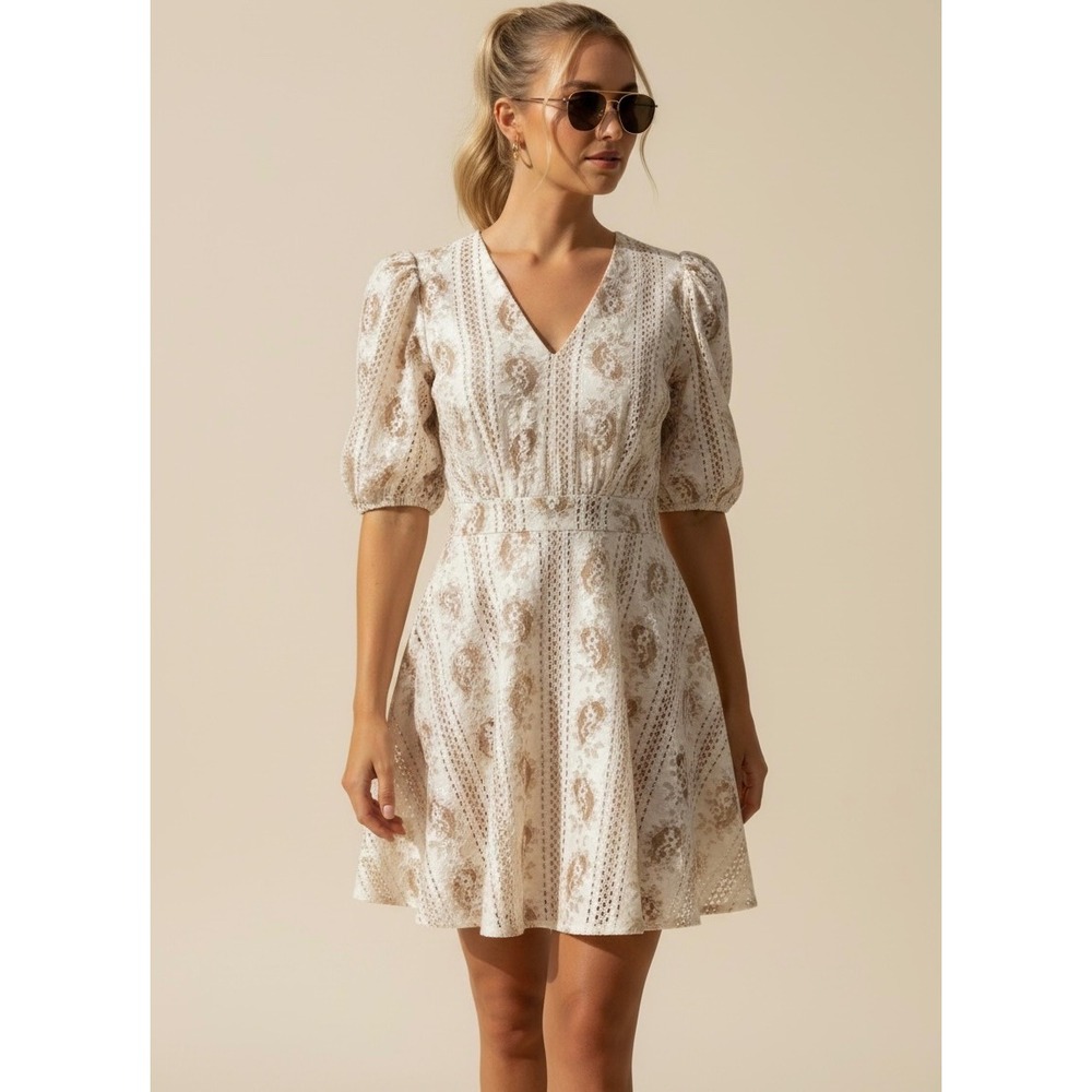 White Floral Lace Puff Sleeve V-Neck Mini Dress Size Small Boho Romantic